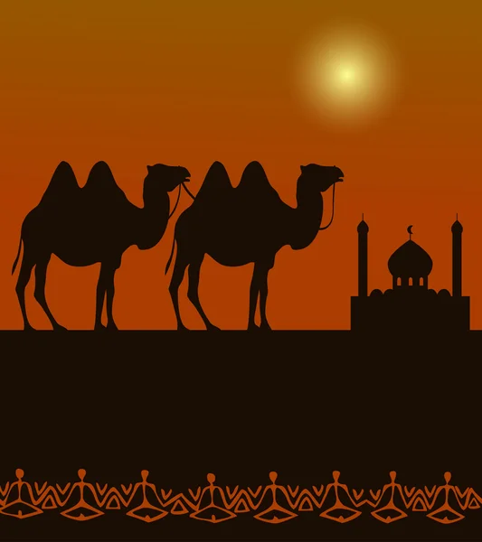 Kamele in der Wüste mit nahöstlicher Architektur — Stockvektor