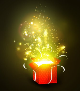 Açık hediye kutusu ile parlak ışık ışınları