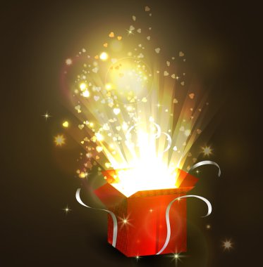 Açık hediye kutusu ile parlak ışık ışınları