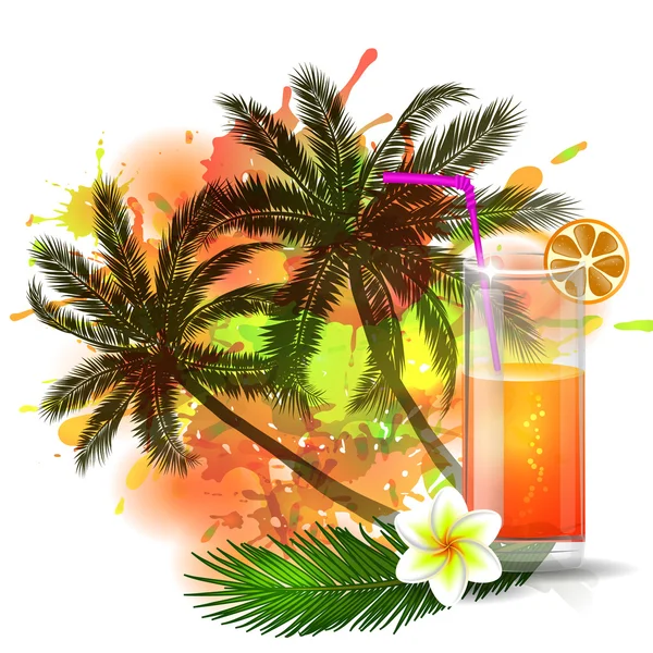 Summer background with palm trees and juice — Stock Vector