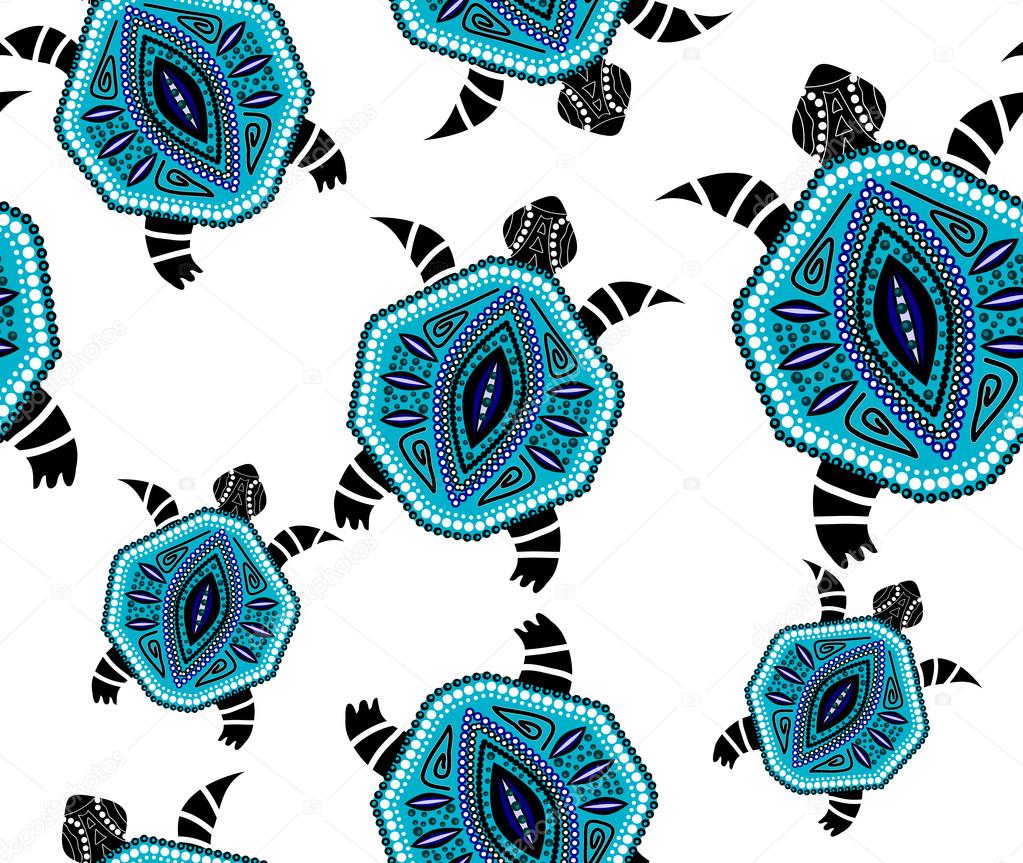 Seamless pattern of blue turtles on white in aboriginal style
