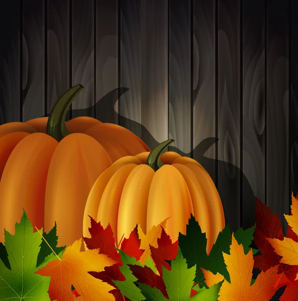 Podzimní listí a dvě dýně na dřevěných texture — Stockový vektor