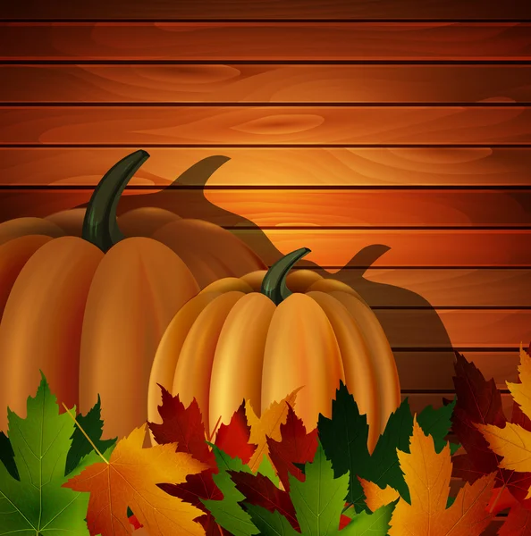 Hojas de otoño y dos calabazas en textura de madera — Archivo Imágenes Vectoriales