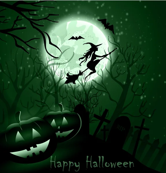 Halloween fundo de bruxa na lua cheia — Vetor de Stock