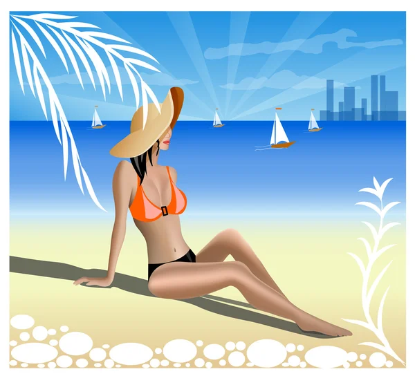 Una chica en una playa — Vector de stock