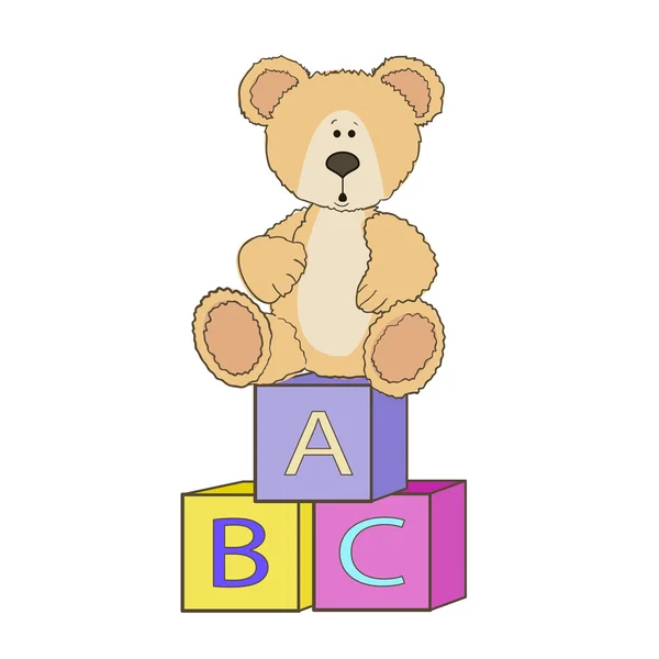 Cute teddy with alphabet toy cubes — Stock Vector