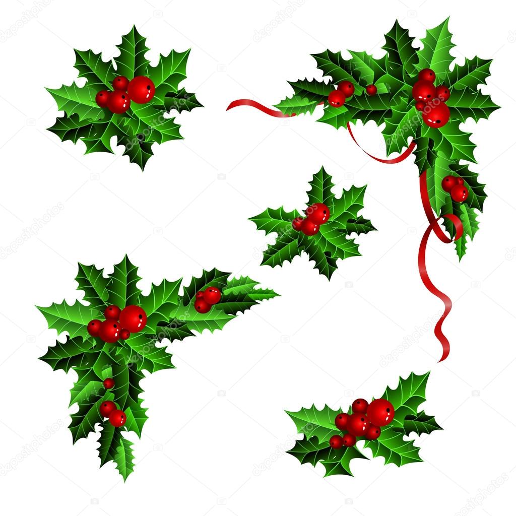 Decorative elements with Christmas holly set