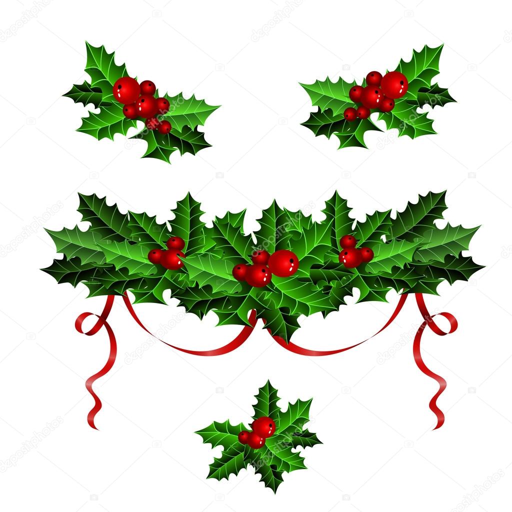 Decorative elements with Christmas holly set