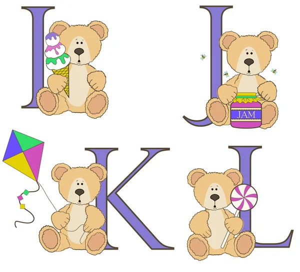 Alfabeto de oso de peluche i j k l con ilustraciones — Vector de stock