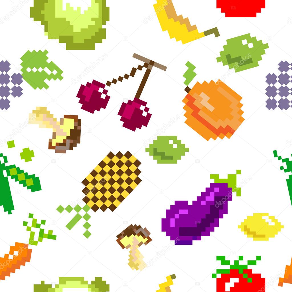 seamless vector retro pixel game fruits pattern