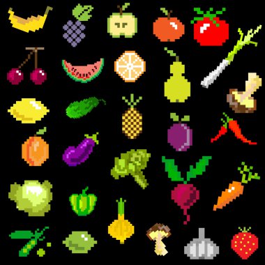 Pixel-art meyve ve sebze siyah