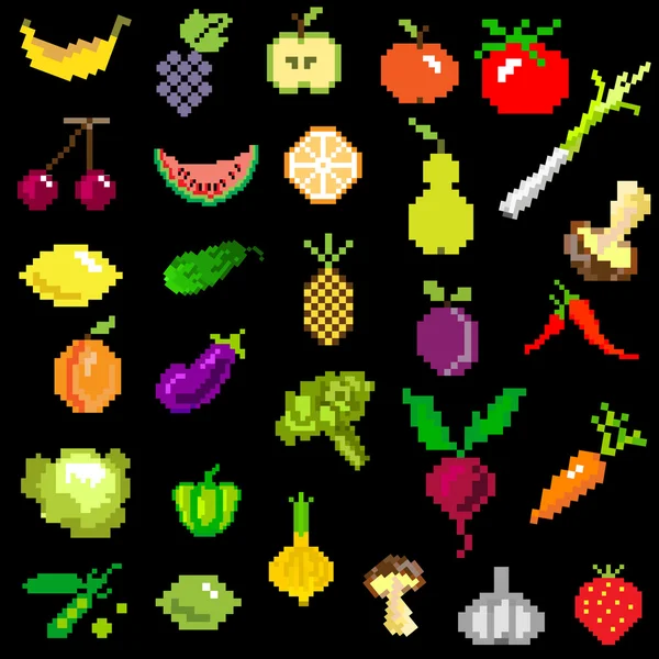 Pixel-art fruits et légumes sur noir — Image vectorielle