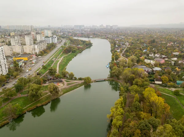 Aerial Drone View City Lake Autumn — Stock Photo, Image