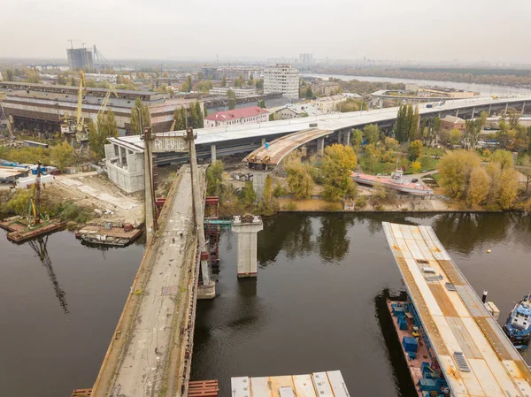 Vue Aérienne Sur Drone Construction Pont Sur Fleuve Dniepr Kiev — Photo