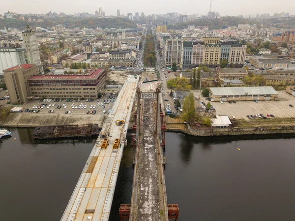Aerial Drone View Construction Bridge Dnieper River Kiev Cloudy Autumn — Stock Photo, Image