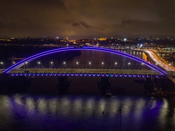 Vue Aérienne Sur Drone Pont Moderne Haubans Kiev Dans Soirée — Photo