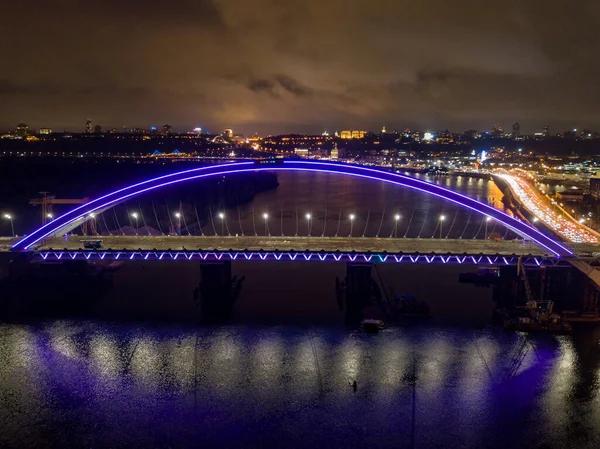 Vue Aérienne Sur Drone Pont Moderne Haubans Kiev Dans Soirée — Photo