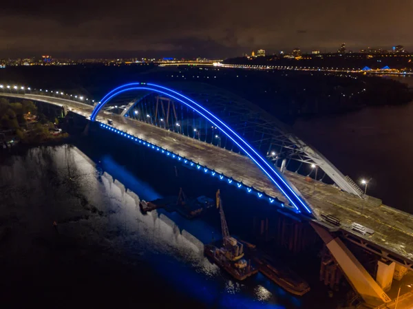 Vue Aérienne Sur Drone Pont Moderne Haubans Kiev Dans Soirée — Photo