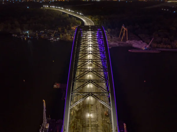 Aerial Drone View Modern Arch Cable Stayed Bridge Kiev Evening — Stock Photo, Image