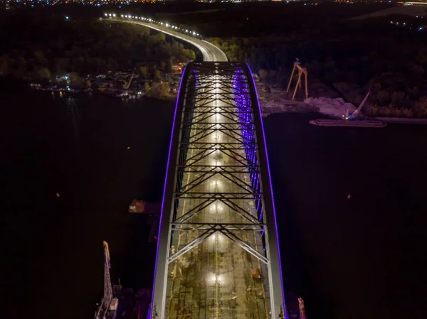 Aerial Drone View Modern Arch Cable Stayed Bridge Kiev Evening — Stock Photo, Image