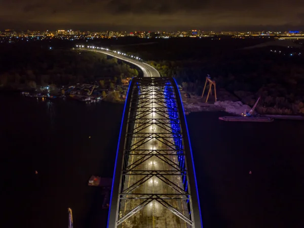 Aerial Drone View Modern Arch Cable Stayed Bridge Kiev Evening — Stock Photo, Image