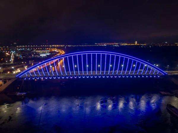 Vue Aérienne Sur Drone Pont Moderne Haubans Kiev Dans Soirée — Photo