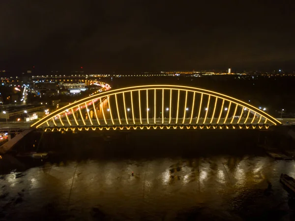 Vue Aérienne Sur Drone Pont Moderne Haubans Kiev Dans Soirée — Photo