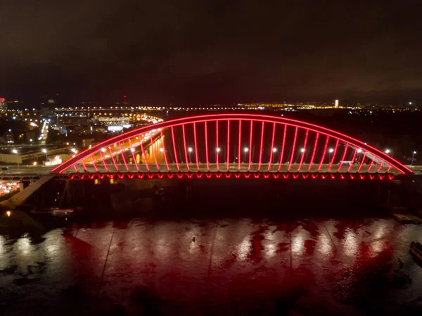 Vue Aérienne Sur Drone Pont Moderne Haubans Kiev Dans Soirée — Photo