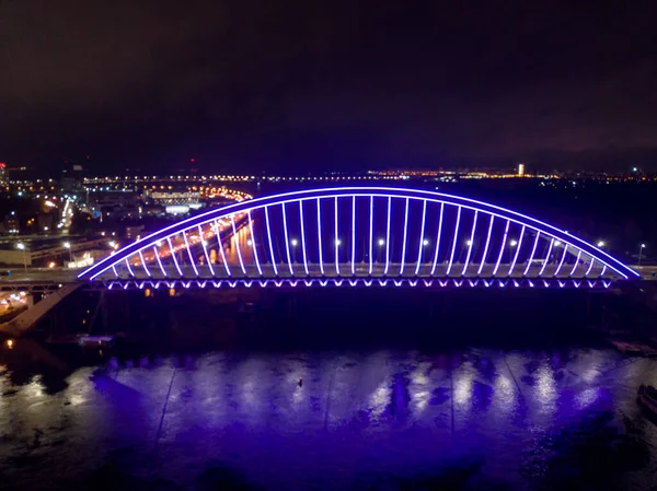 Aerial Drone View Modern Arch Cable Stayed Bridge Kiev Evening — Stock Photo, Image