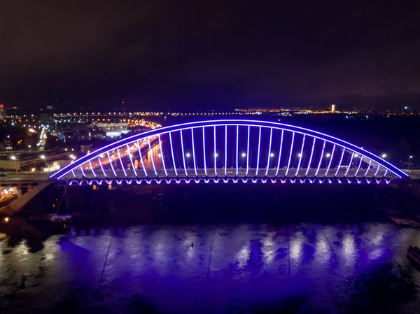 Vue Aérienne Sur Drone Pont Moderne Haubans Kiev Dans Soirée — Photo