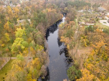 Hava aracı görüntüsü. Karışık sonbahar ormanlarında küçük bir nehir. Yapraklar.