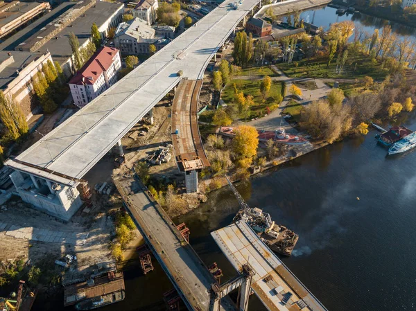 Bridge Construction Site Kiev Sunny Autumn Morning Aerial Drone View — Stock Photo, Image