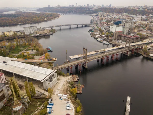 Bridge Construction Site Kiev Cloudy Autumn Morning Aerial Drone View — Stock Photo, Image
