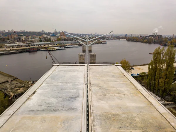 Aerial Drone View Edge Unfinished Bridge Kiev Cloudy Autumn Morning — Stock Photo, Image