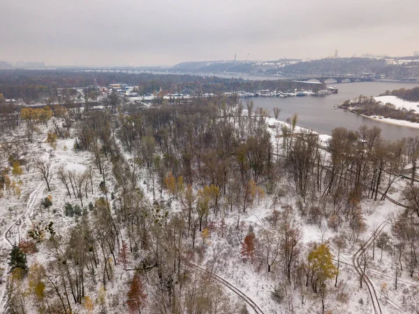 Вид Повітряний Безпілотник Снігові Дерева Парку Тонкий Шар Першого Снігу — стокове фото