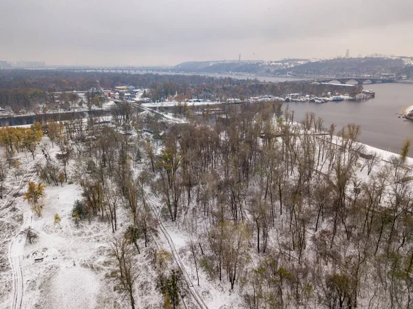 Drohnen Aus Der Luft Schneebedeckte Bäume Park Eine Dünne Schicht — Stockfoto