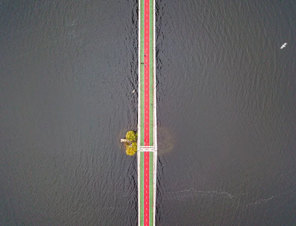 Aerial Drone View Pedestrian Bicycle Bridge Dnieper River Kiev Red — Stock Photo, Image