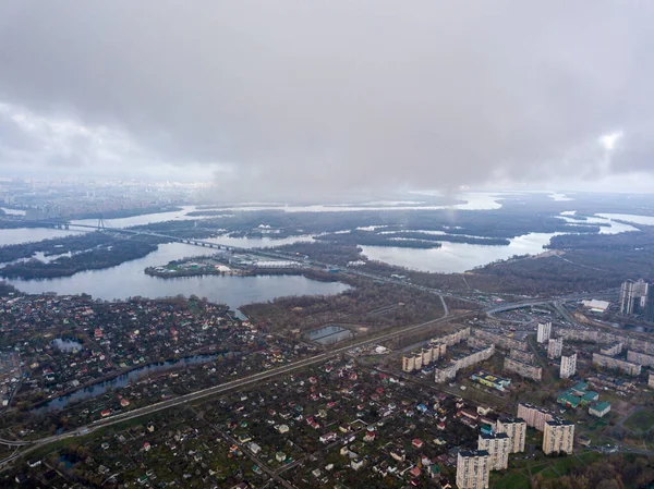 High Aerial Flight Clouds Kiev Autumn Cloudy Morning Dnieper River — Stock Photo, Image