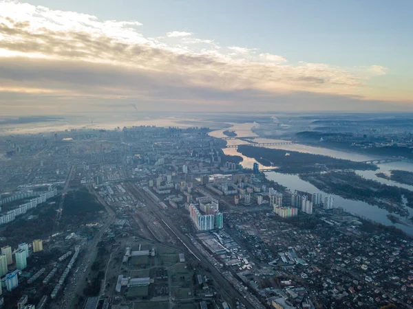 Flyg Över Kiev Flyg Över Staden Höstmorgon Syns Dnepr Floden — Stockfoto