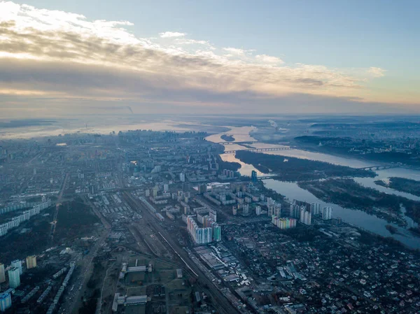 Aerial High Flight Kiev Haze City Autumn Morning Dnieper River — Stock Photo, Image