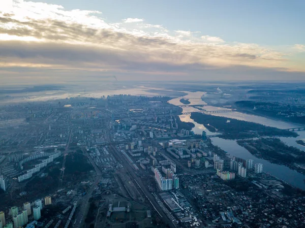 Aerial High Flight Kiev Haze City Autumn Morning Dnieper River — Stock Photo, Image