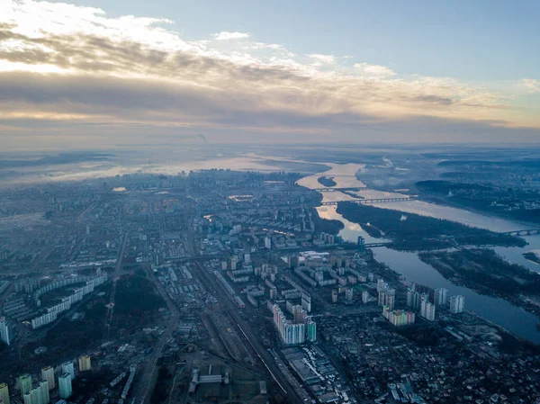 Aerial High Flight Kiev Haze City Autumn Morning Dnieper River — Stock Photo, Image