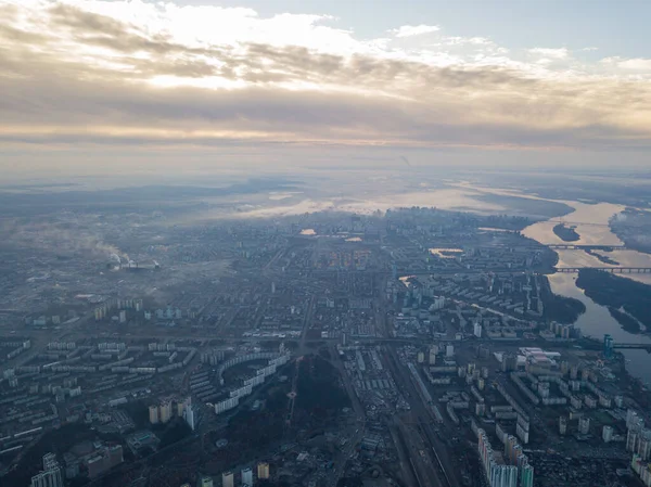 Aerial High Flight Kiev Haze City Autumn Morning Dnieper River — Stock Photo, Image