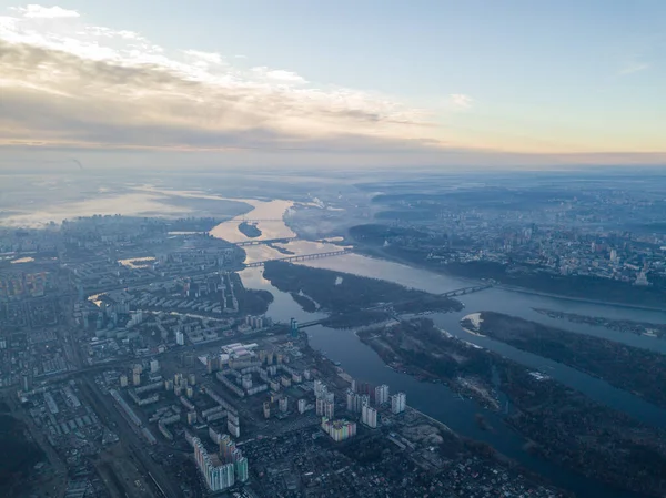 Aerial High Flight Kiev Haze City Autumn Morning Dnieper River — Stock Photo, Image