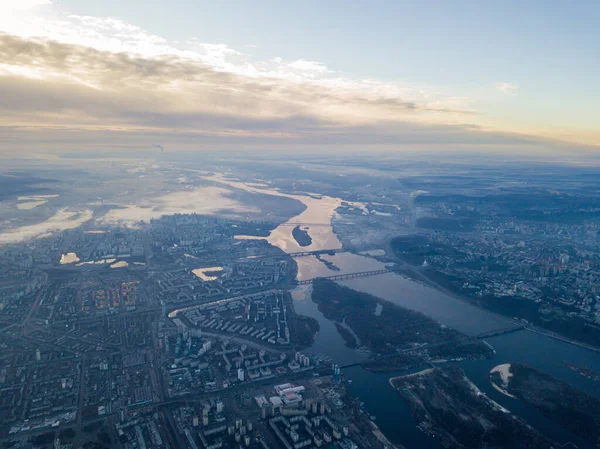 Aerial High Flight Kiev Haze City Autumn Morning Dnieper River — Stock Photo, Image