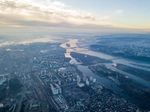 Aerial High Flight Kiev Haze City Autumn Morning Dnieper River — Stock Photo, Image