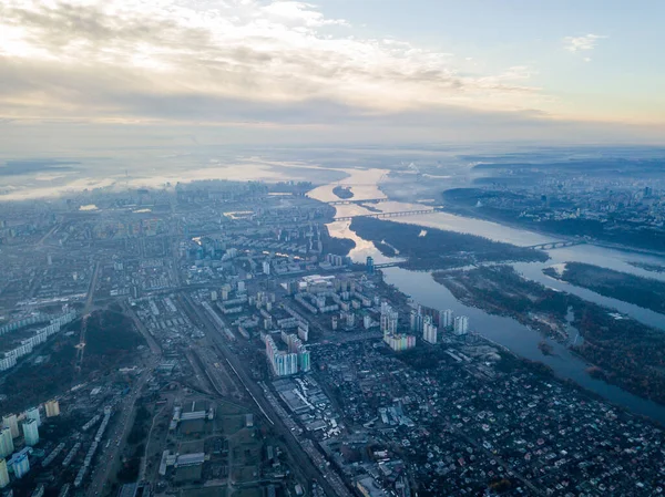 Aerial High Flight Kiev Haze City Autumn Morning Dnieper River — Stock Photo, Image