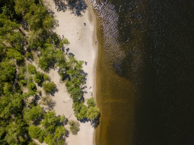 Hava aracı görüntüsü. Güneşli bir günde nehir kıyısında.