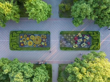 Hava aracı üst görüntüsü. Parktaki çiçek tarhı..