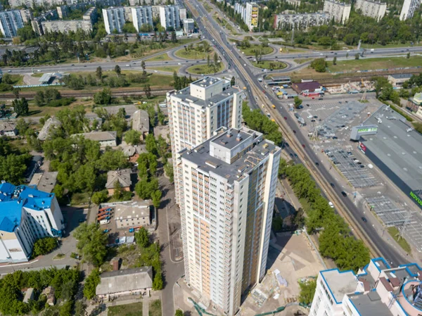 Αεροφωτογραφία Τηλεκατευθυνόμενου Κατοικίες Στο Κίεβο Ηλιόλουστη Μέρα — Φωτογραφία Αρχείου